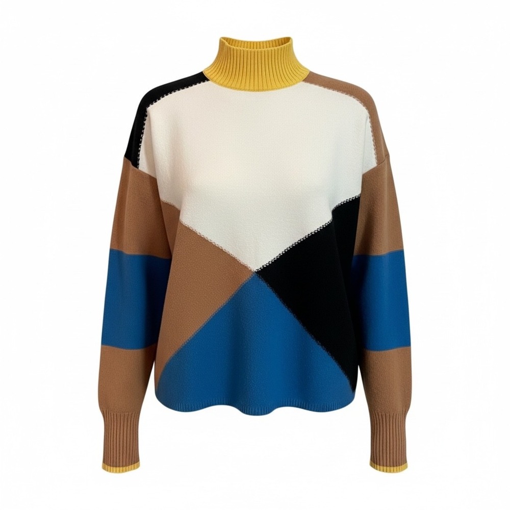 ESSENTIEL ANTWERP Colorblock Mock‎ Neck Sweater Small Wool Blend Designer Retro